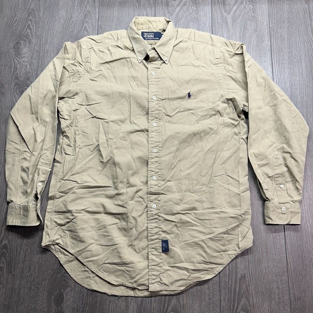 Vintage Polo Ralph Lauren Mens Large Khaki Tan Cotton Twill Button Down Shirt